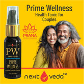 Prime Wellness health tonic bottle with a couple on a yellow background, featuring Prana and Nextveda logos.