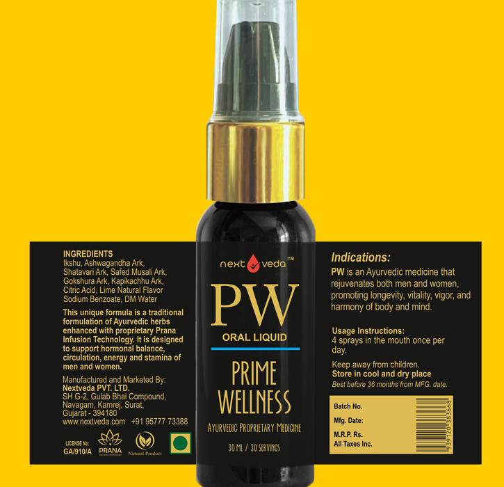 Prime Wellness health tonic bottle with a couple on a yellow background, featuring Prana and Nextveda logos.