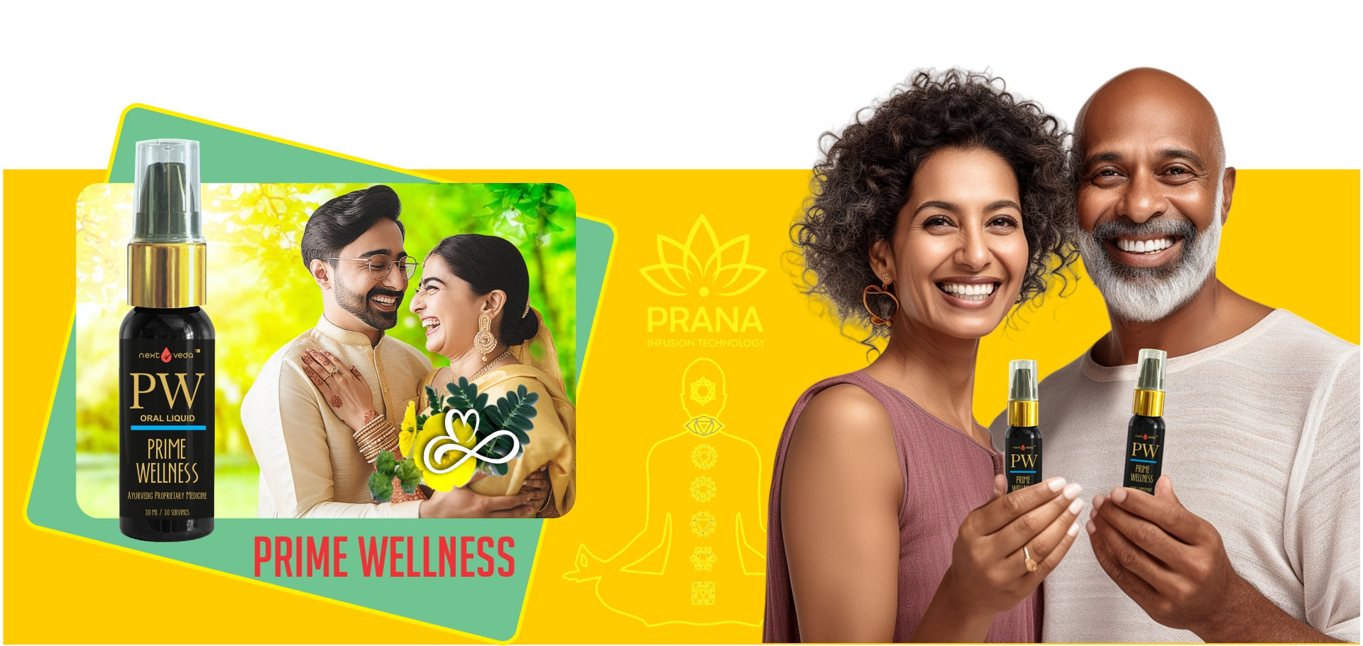 Two people holding bottles of Prime Wellness products with a yellow background